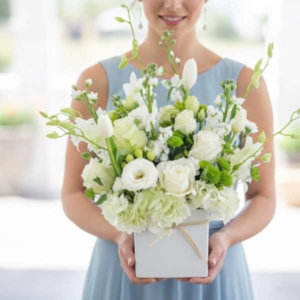 Woman holding a white floral arrangement in a square box
