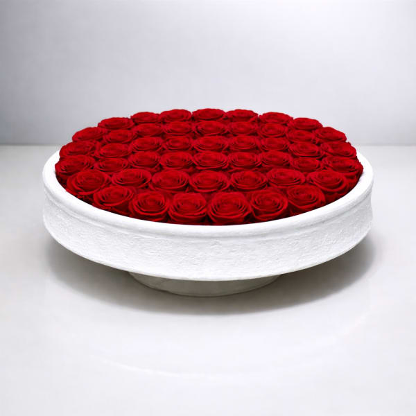 Round white bowl filled with tightly packed red roses
