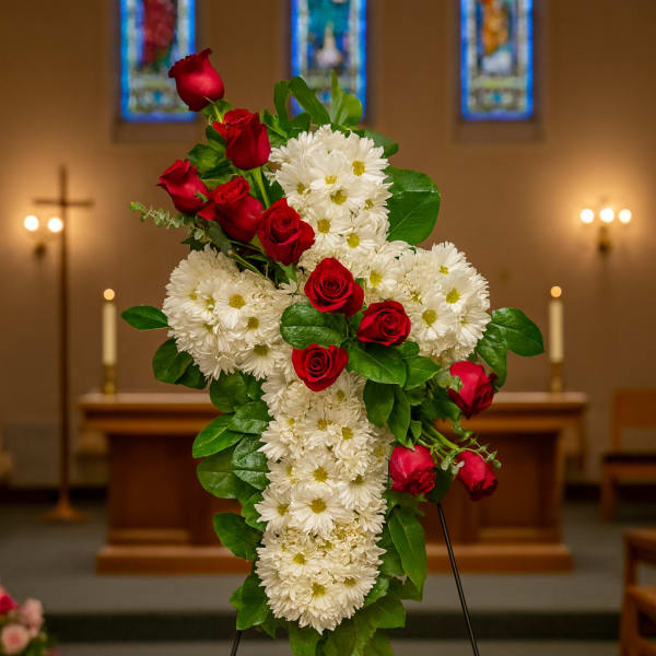 Standing floral spray with red roses and white daisies on an easel