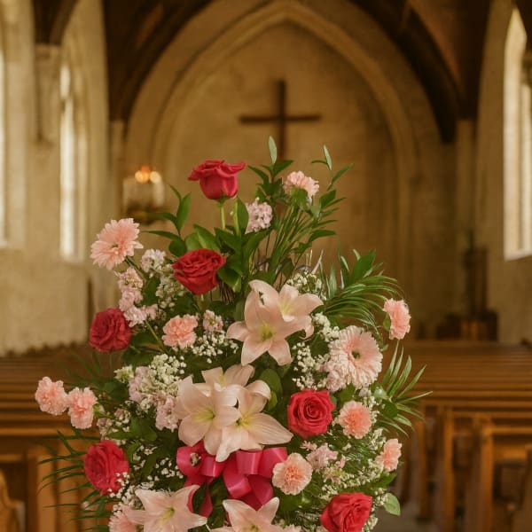 Standing floral spray with pink and red blooms and a ribbon in a church