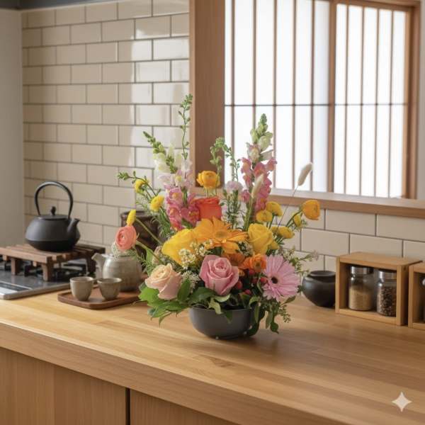 Mixed bouquet in a dark bowl vase with pink, yellow, and orange flowers