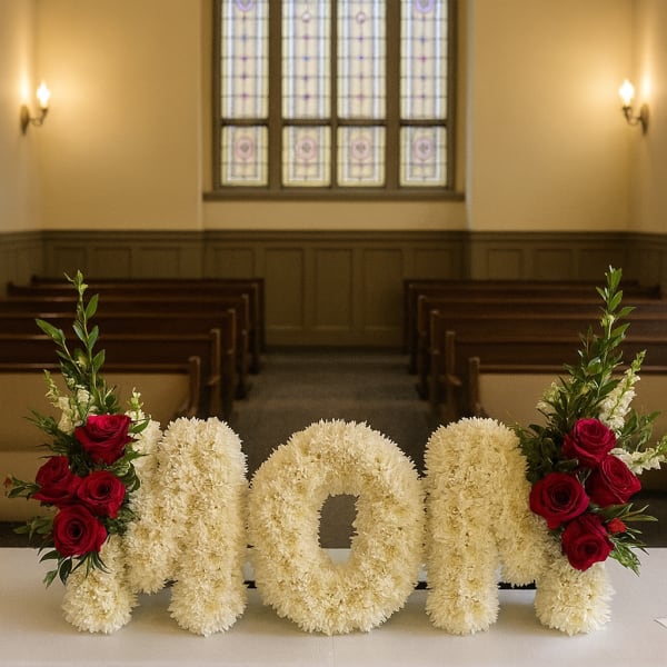 Floral arrangement spelling "mom" with red roses in a church setting