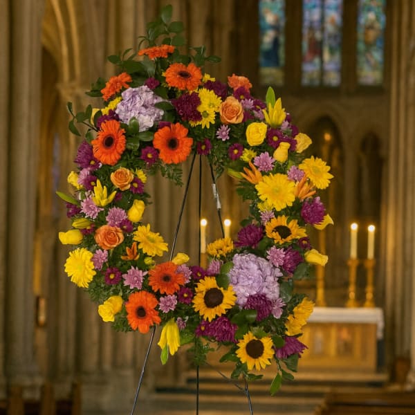 Colorful floral wreath on a stand inside a church