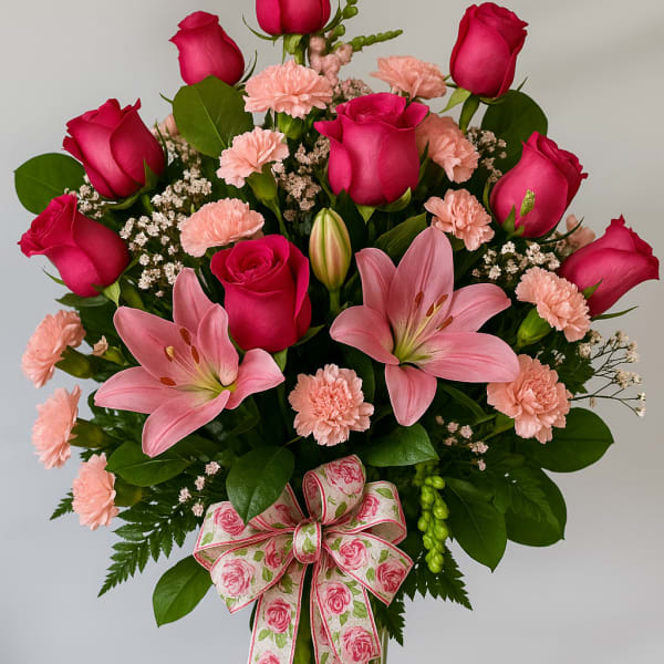 Tall arrangement of hot pink roses, pink lilies, and light pink carnations in a clear vase with a floral bow.