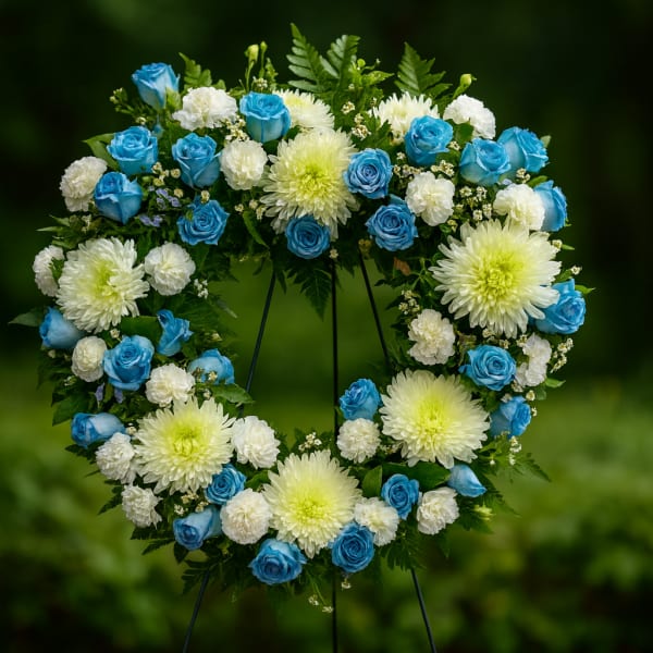 Heart-shaped floral wreath with blue and white flowers on a stand