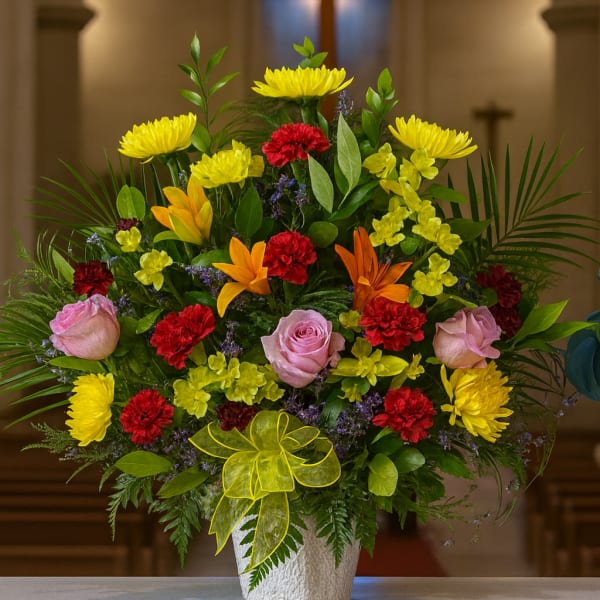 Colorful flower arrangement in a white vase