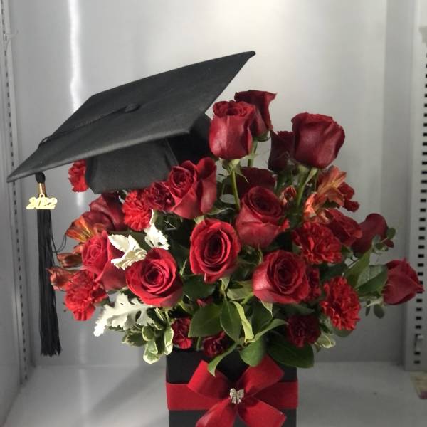 Red rose bouquet in a black graduation box with cap topper