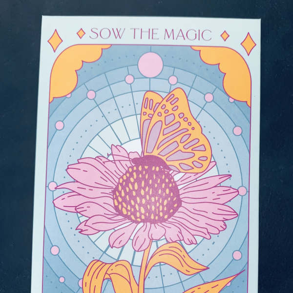 Illustrated pink coneflower card with the text "Sow the Magic"