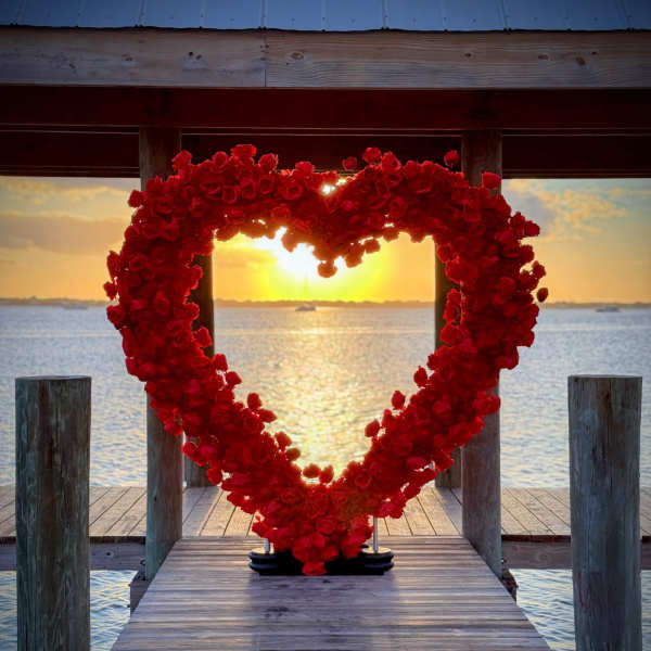 Heart-shaped red rose display on a dock at sunset