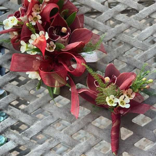 Cymbidium orchids corsage and boutonniere set