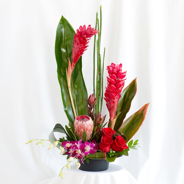 Tropical floral arrangement with red blooms in a black vase
