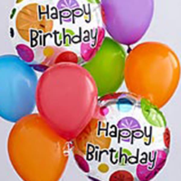 Colorful birthday balloons with two printed "Happy Birthday" balloons