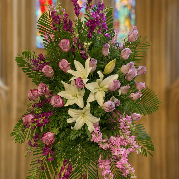 Standing floral spray with white lilies and pink roses