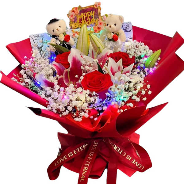 Red rose bouquet with lilies, baby’s breath, and teddy bears