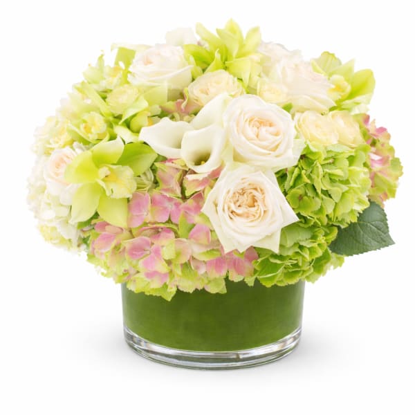 White roses and green orchids in a glass vase
