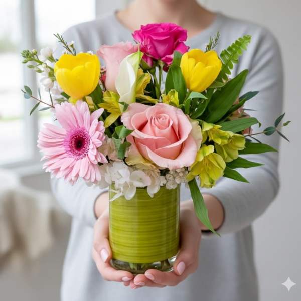 Mixed bouquet of pink, yellow, and white flowers in a green glass vase