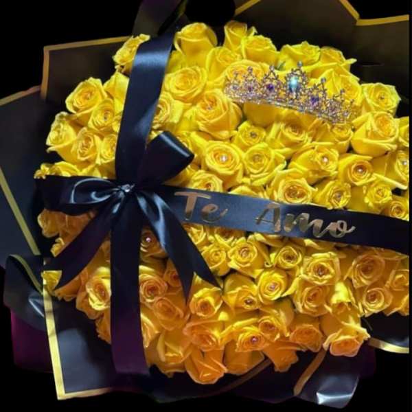 25 yellow roses, ribbon and silver crown,