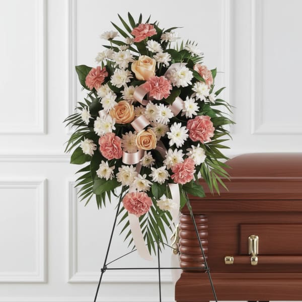 Standing spray of peach roses, pink carnations, and white daisies on an easel beside a casket