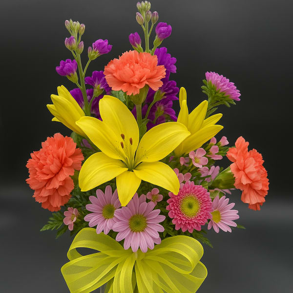 Bright arrangement of yellow lilies, orange carnations, and pink daisies in a glass vase with a yellow bow