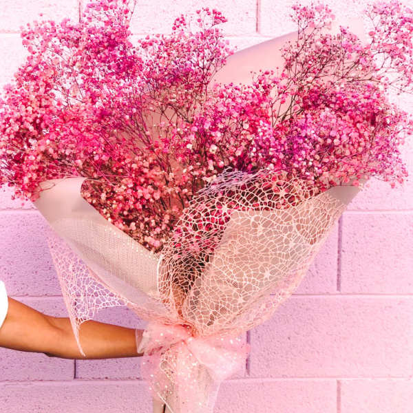 Pink baby's breath bouquet wrapped in sheer paper with a ribbon