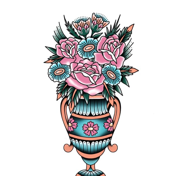 Pink and blue floral bouquet in a decorative vase