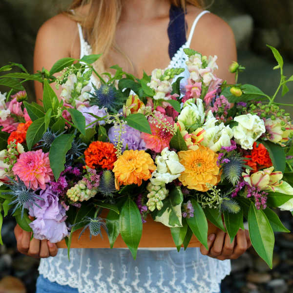 Large mixed bouquet with colorful blooms and greenery