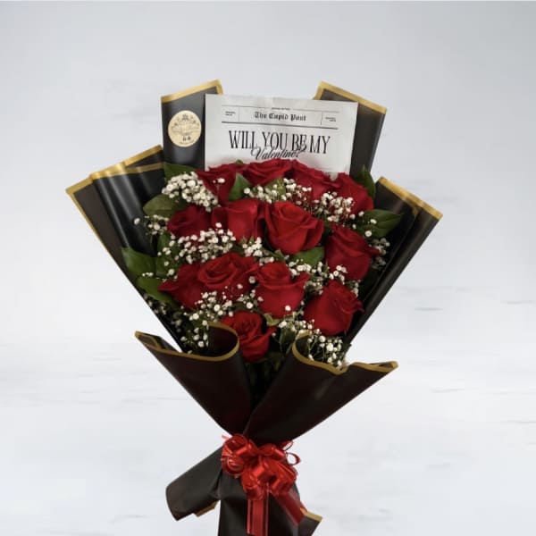 “Will you be my Valentine?” Rose bouquet