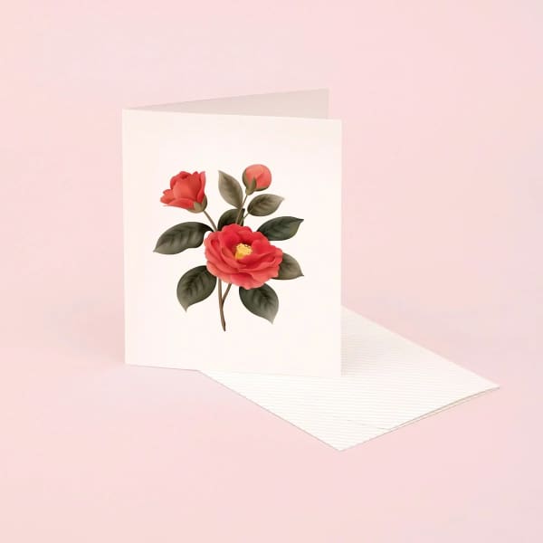 Greeting card with a red flower illustration on the front