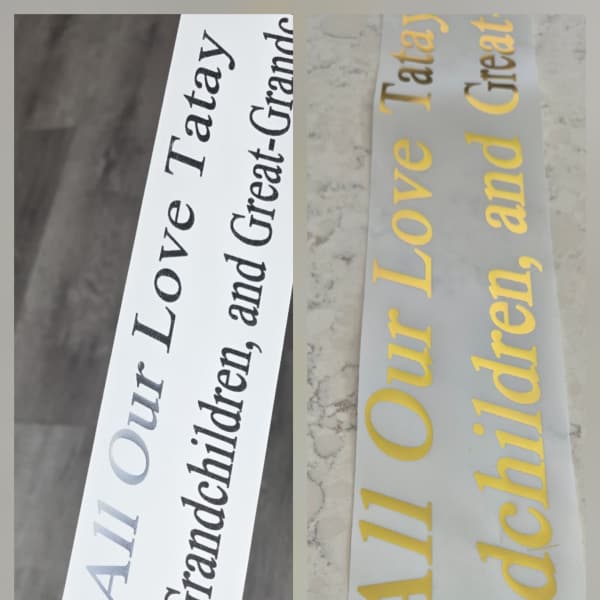 Two printed memorial ribbons with text honoring children and grandchildren.