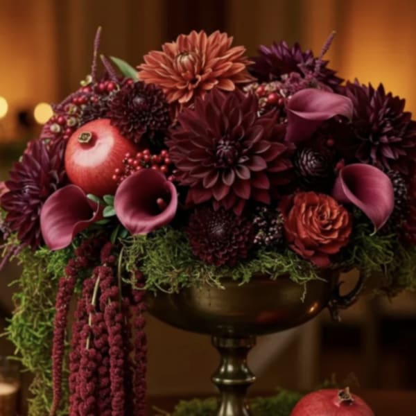 Deep burgundy floral arrangement with calla lilies and pomegranates in a pedestal bowl