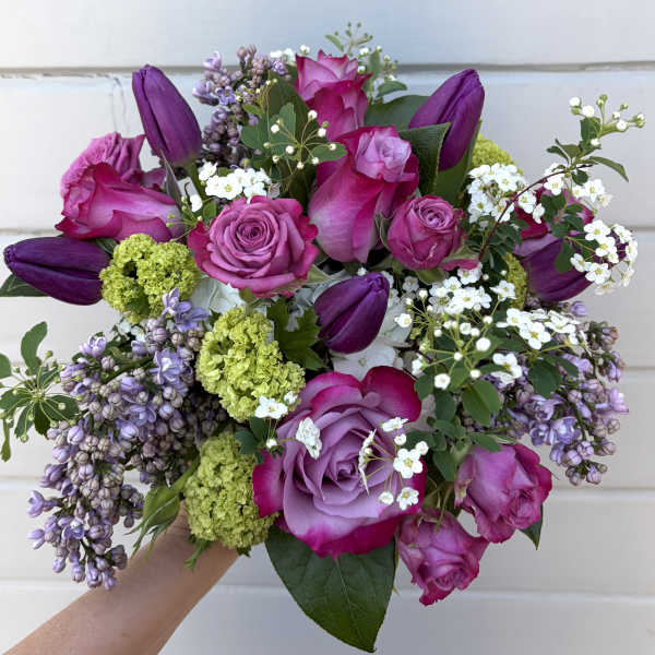 Spring Purples in hourglass vase