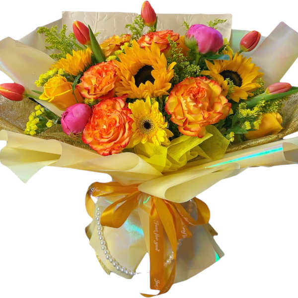 Bouquet of sunflowers, roses, and tulips wrapped in cream paper