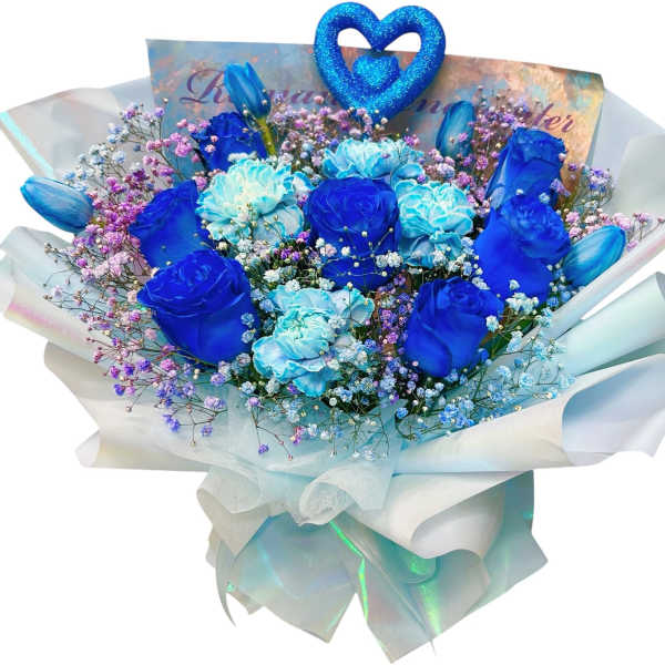 Bouquet of blue roses and carnations with baby’s breath in white wrap