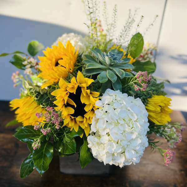 Sunflowers and white hydrangea in a low arrangement with succulents