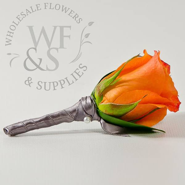 Orange rose boutonniere with silver ribbon wrap