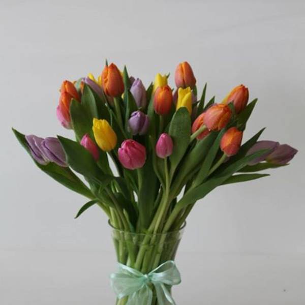 Mixed bouquet of pink, yellow, orange, and purple tulips in a glass vase with a ribbon.