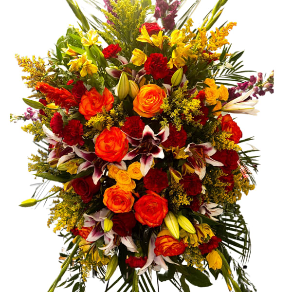 Large bouquet of orange, red, yellow, and white flowers