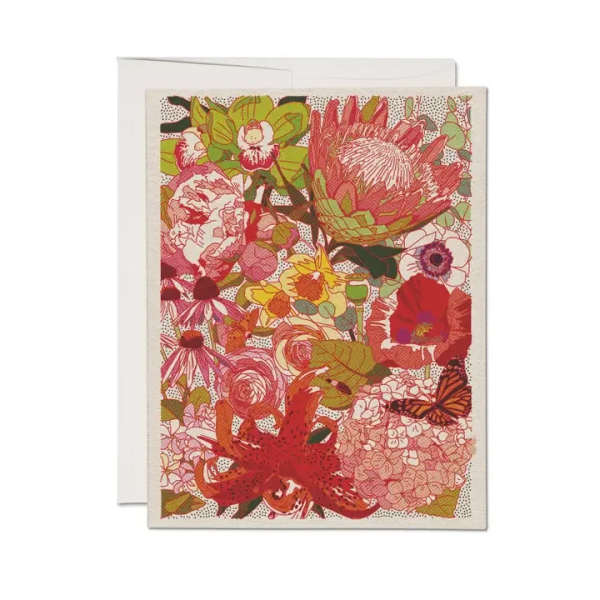 Greeting card with colorful illustrated flowers and a butterfly on the front