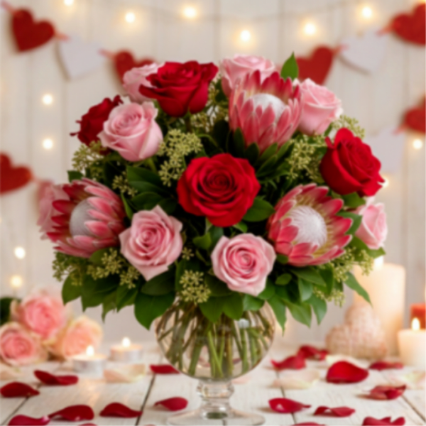 Glass vase of red and pink roses with protea blooms on a table with candles and heart decor