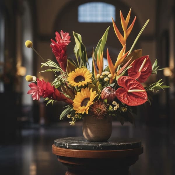 Tropical bouquet with sunflowers and red anthuriums in a vase