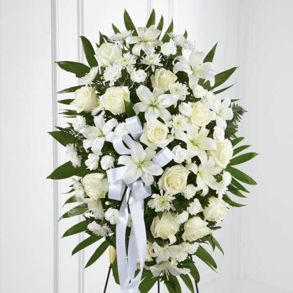 White floral standing spray with roses and lilies on a black easel