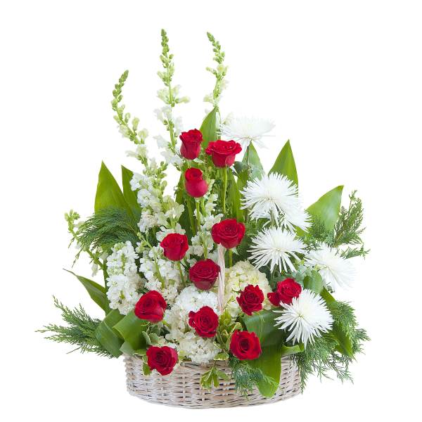 Tall red and white floral basket with red roses, white mums, and other white flowers in a wicker basket