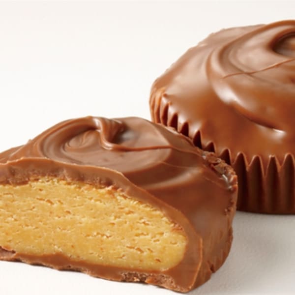 Chocolate-covered peanut butter candy pieces on a white background