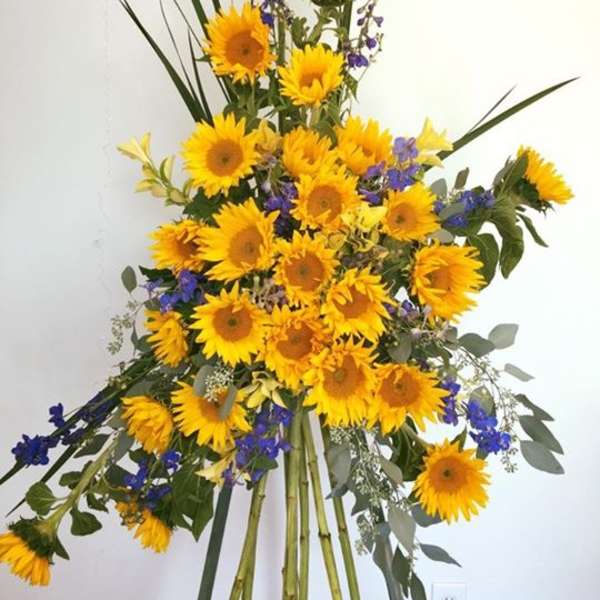 Tall sunflower arrangement with blue accent flowers