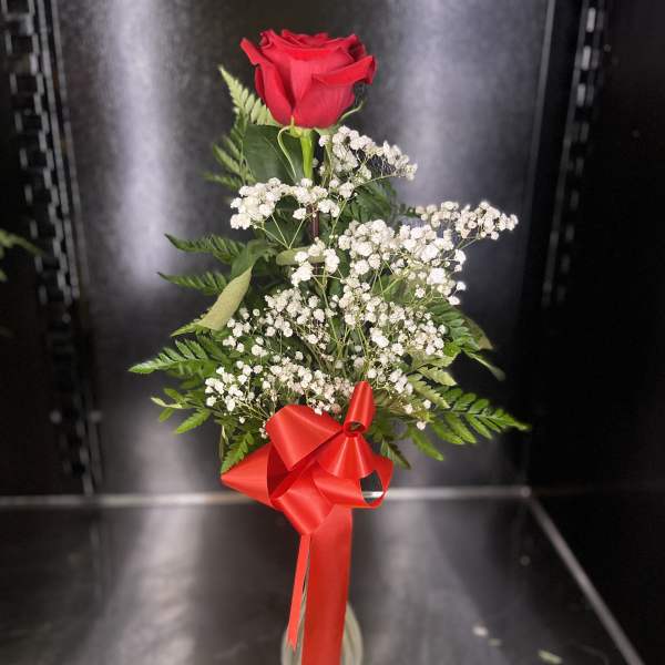 Single red rose with baby's breath in a glass vase and red ribbon