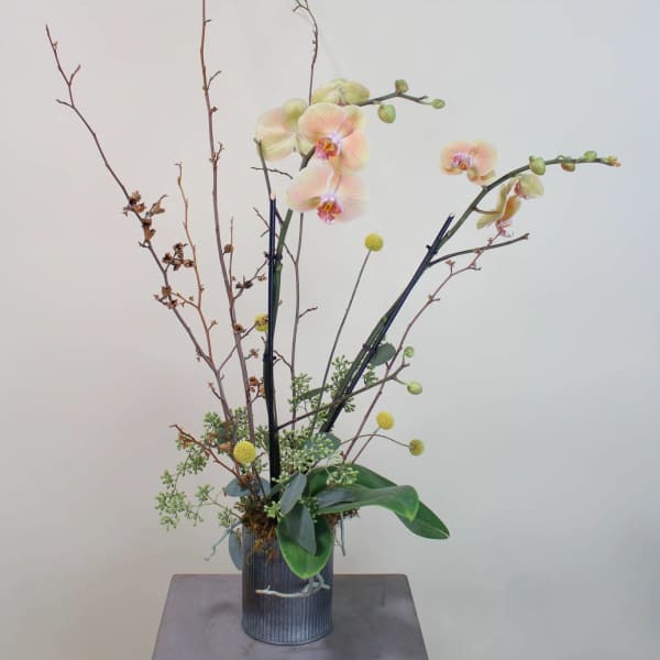 Tall orchid arrangement in a ribbed metal vase with branches and round yellow accents