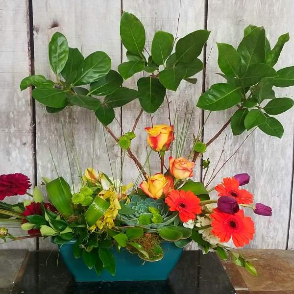 Mixed floral arrangement in a teal container with bright blooms and tall leafy branches