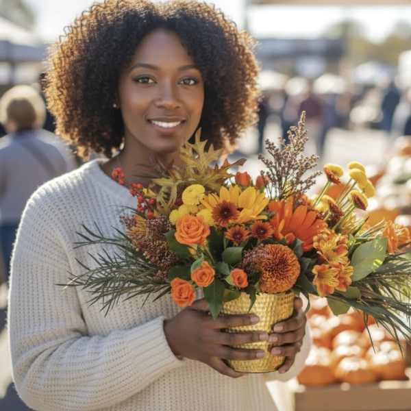 Woman holding an autumn bouquet in a woven basket