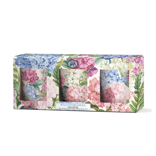 Hydrangea-themed votive gift set in a floral printed box