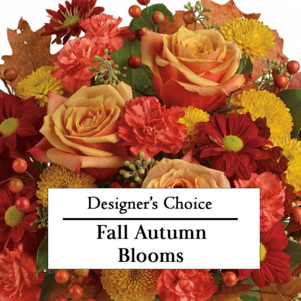 Autumn bouquet with roses, carnations, and mums in red, orange, and yellow